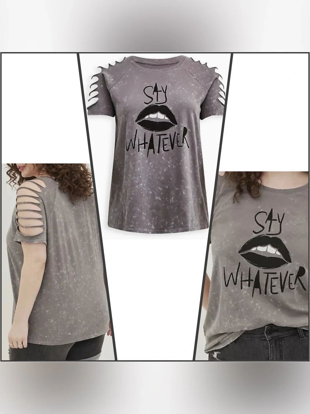 Torrid Lovesick Slashed Sleeve Tee Grey Acid Wash Design"Say Whatever" Graphic L